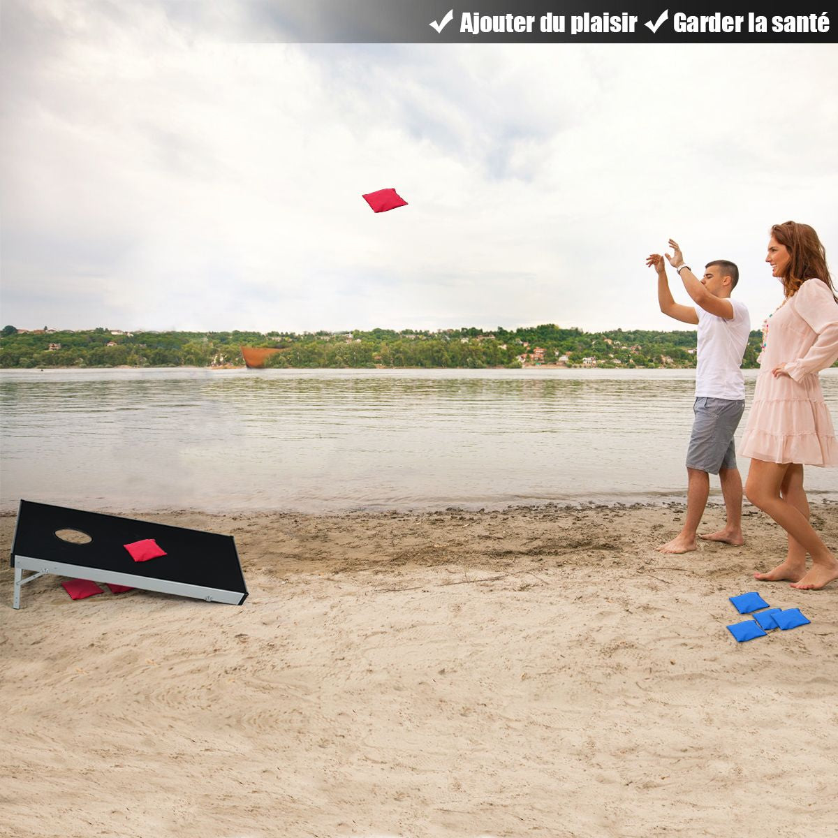 Ensemble De Panneaux De Cornhole En Bois Alliage D'Aluminium Avec Poignée Latérale 8 Sacs De Sable 2 Plateaux De 90 X 60 Cm