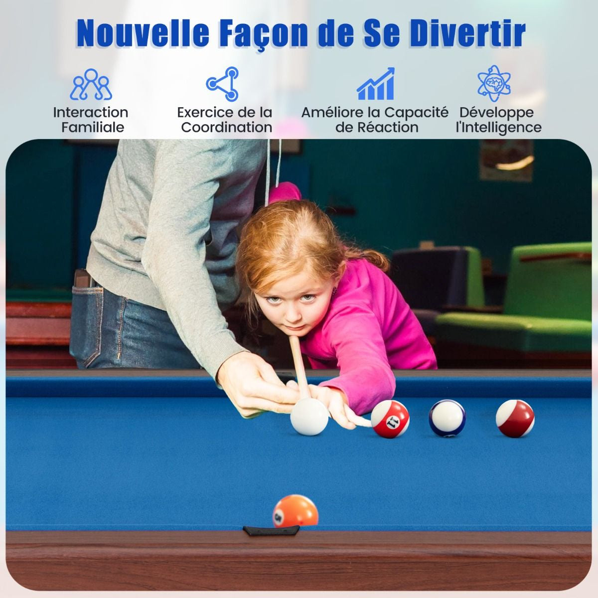 Table De Billard De 122 Cm En Bois Avec Jeu Complet De Boules 2 Queues De Billard 2 Craies Triangle Brosse Table Compacte Bleu/Vert