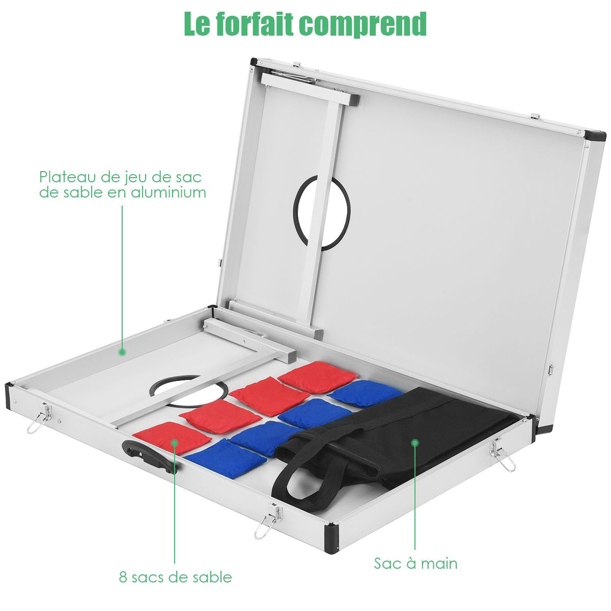 Ensemble De Panneaux De Cornhole En Bois Alliage D'Aluminium Avec Poignée Latérale 8 Sacs De Sable 2 Plateaux De 90 X 60 Cm